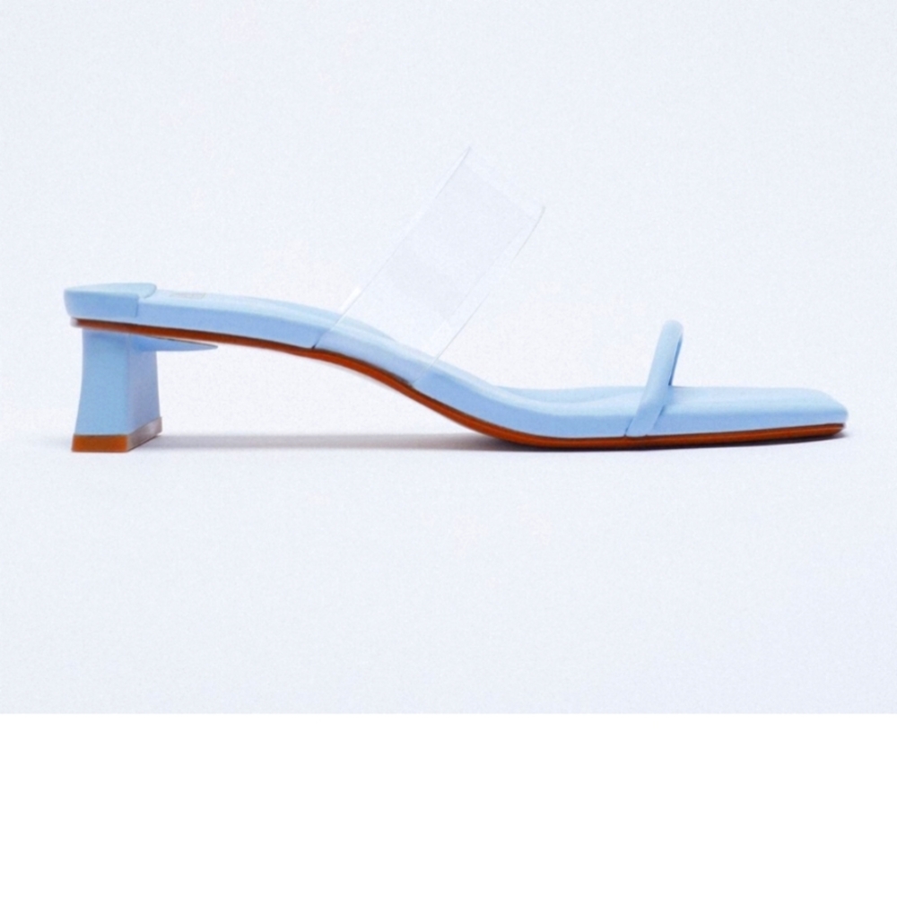 NWOT ZARA Light Blue Kitten Heel Vinyl Strap Sandals Square Toe sz 8.5